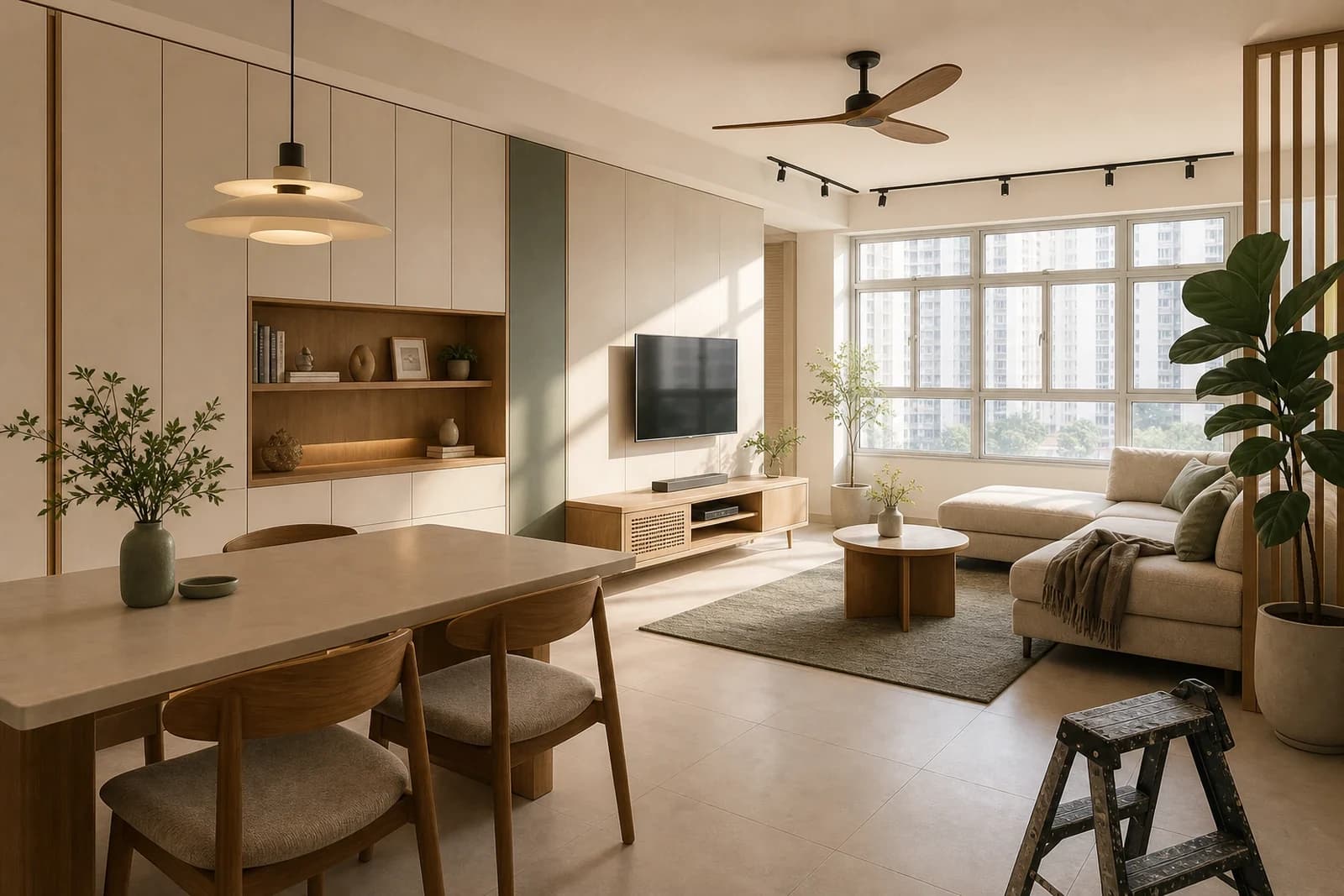 A freshly renovated open-plan HDB living-dining area