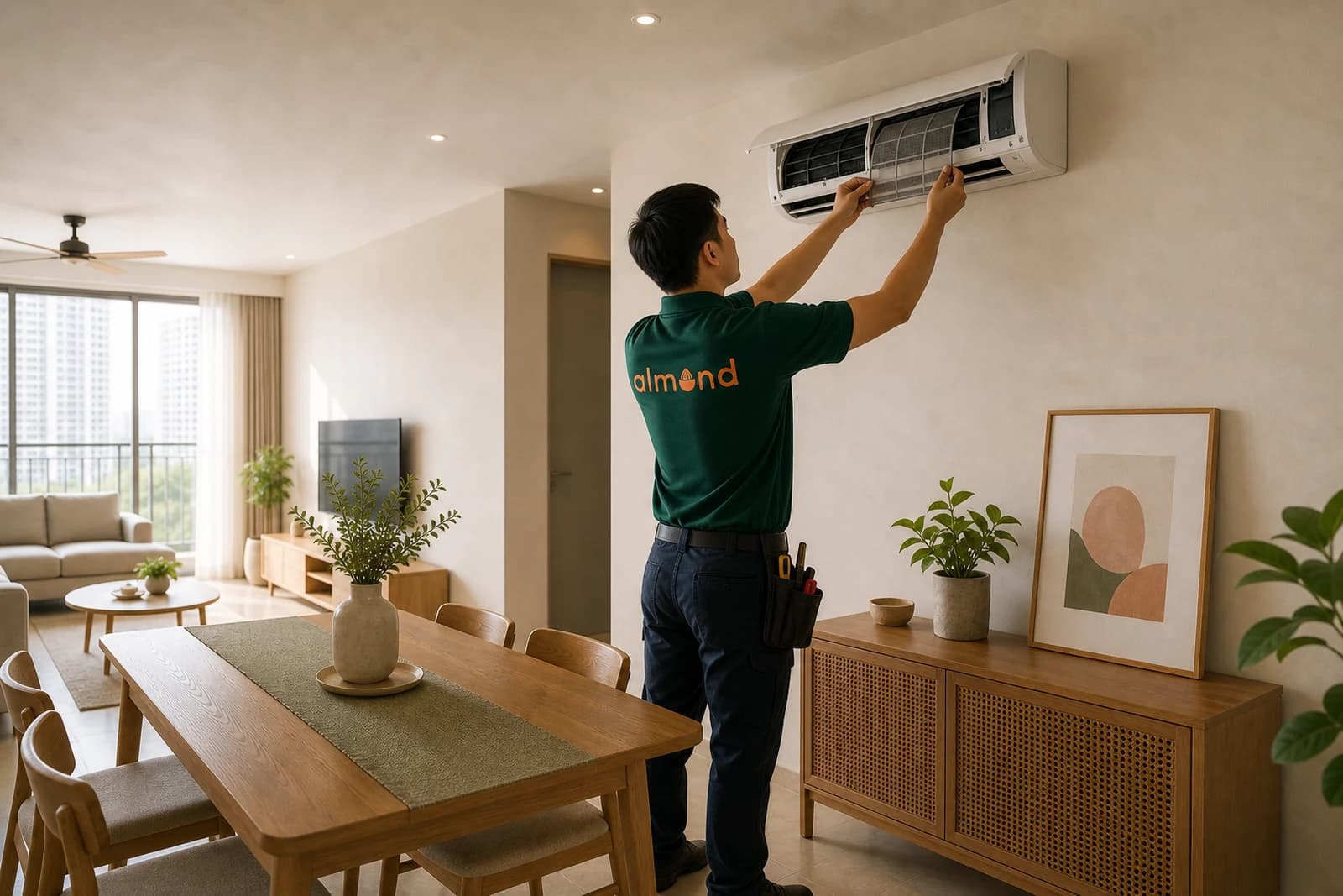 A friendly uniformed technician servicing a wall aircon unit in a bright home