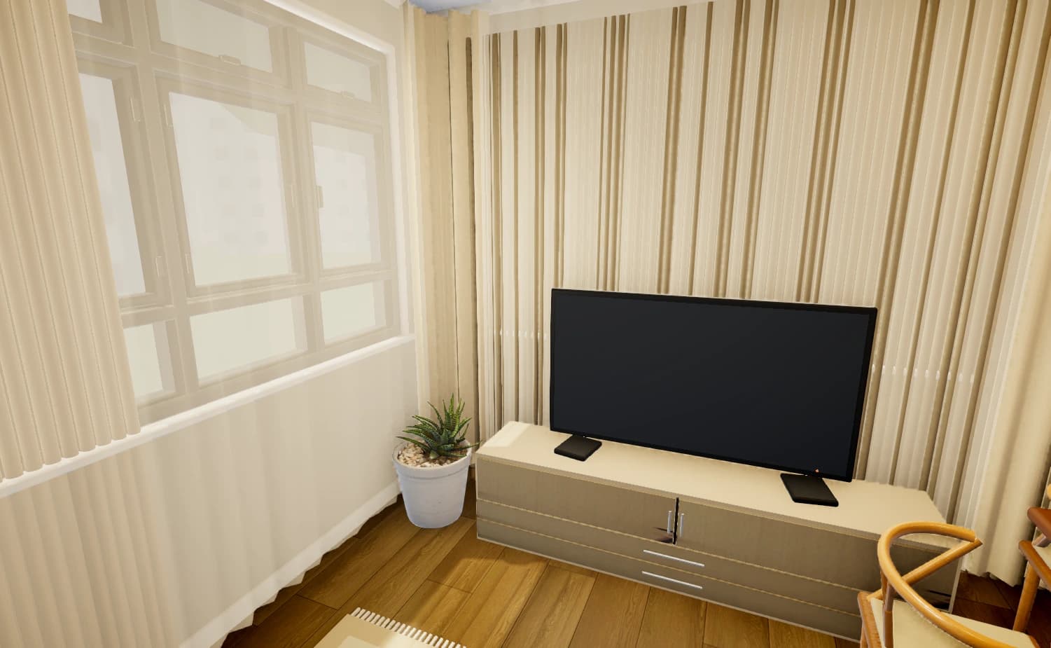 Walkthrough view in Almond Studio 3D: a Japandi living room with fluted feature wall, TV console and window